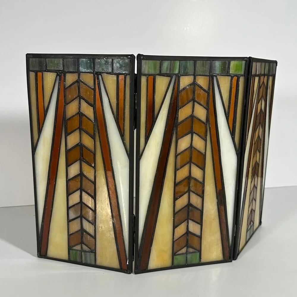 PARTYLITE THREE PANEL STAINED GLASS VOTIVE FRANK LLOYD WRIGHT PRARIE CRAFTSMAN